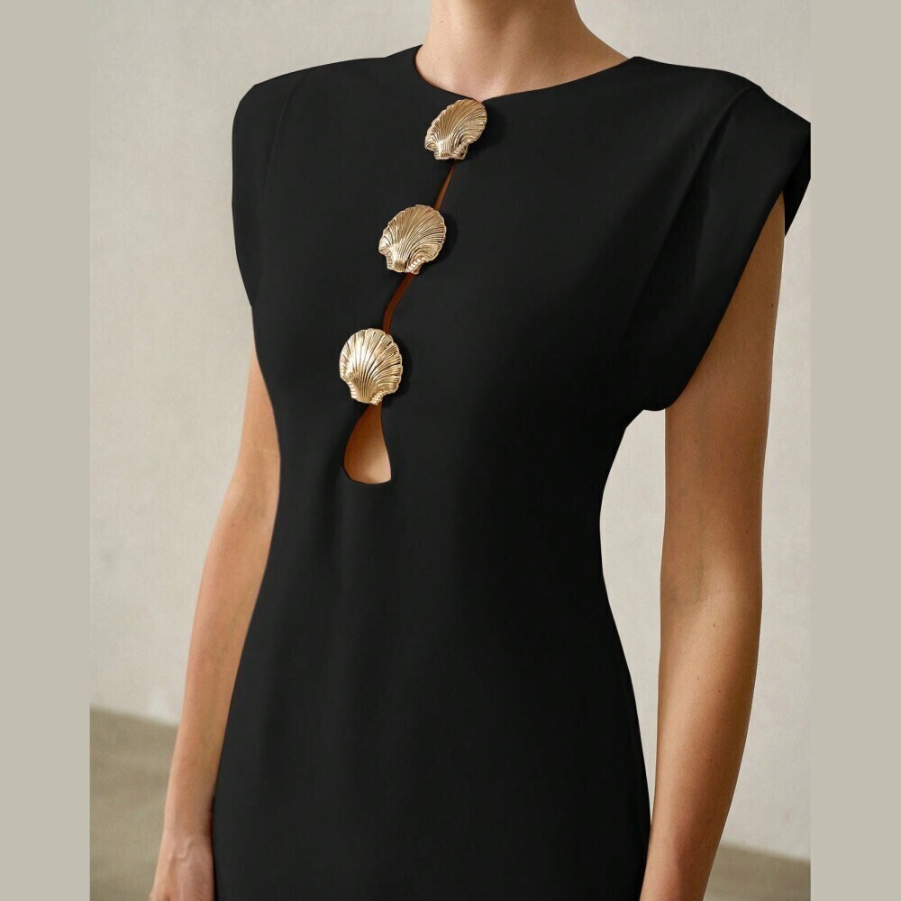 Black Shell Detailing Cutout Cap Sleeve Midi Sheath Dress - Picture 2 of 6